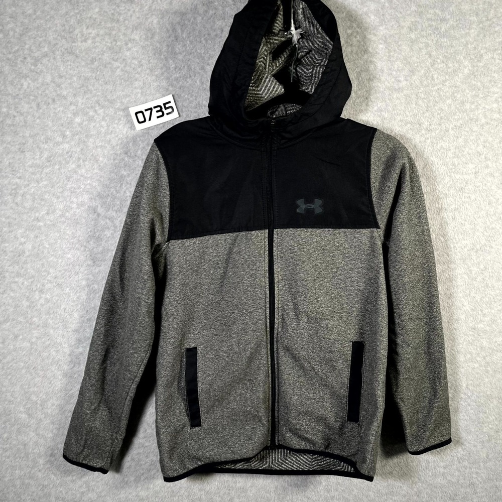 Under Armour Coldgear Hoodie Boys Large Gray Black Logo Full Zip Winter Wear